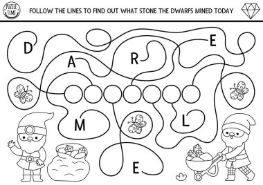 ABC siyah-beyaz labirent oyunu. Cüce işçiler, değerli taşlar. Peri masalı alfabesi labirenti aktivitesi veya çocuklar için boyama sayfası. Hangi taş cüce madeni olduğunu bulmak için çizgileri takip edin.