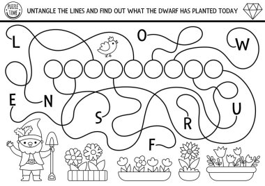 Cüce bahçıvanla ABC siyah-beyaz labirent oyunu. Anaokulu öğrencileri için masal alfabesi labirenti aktivitesi. Hangi cücenin yerleştirdiğini bulmak için çizgileri takip edin. Yazdırılabilir etkinlik, çiçekle renklendirme sayfası