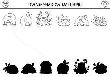 Gölge aktivitesi çizgi cüce veya peri evleriyle eşleşiyor. Orman eviyle ilgili siyah beyaz bir bulmaca. Ki için doğru siluet yazdırılabilir çalışma tablosu, oyun, renk sayfası bul