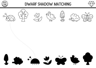 Cüce gölgesi orman sembolleri ve hayvanlarla eşleşiyor. Kirpili siyah beyaz bir yapboz, kuş. Çocuklar için doğru siluet yazdırılabilir çalışma tablosu, oyun, renk sayfası bul