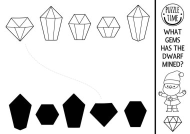 Cüce gölgesi, değerli taşlar, taşlar ve kristallerle etkinliği eşleştiriyor. Peri masalı siyah beyaz bulmaca. Doğru siluet yazdırılabilir çalışma tablosu bul, oyun. Çocuk için sihirli cüce boyama sayfası