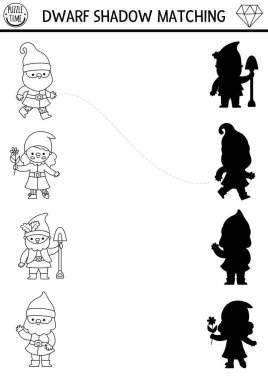 Şirin cücelerle gölge eşleştirme aktivitesi. Gnome bahçıvanı, kız, nalbant ile peri masalı siyah-beyaz yapboz. Çocuklar için doğru siluet yazdırılabilir çalışma tablosu, oyun, renk sayfası bul