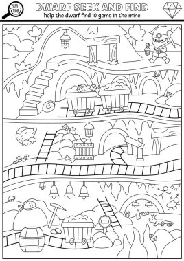 Cüce vektör siyah beyaz arama oyunu yeraltı mayın manzaralı. Gizli mücevherler. Altın madeni tüneli ve demiryolu olan çocuklar için basılabilir etkinlik ya da boyama sayfası ara