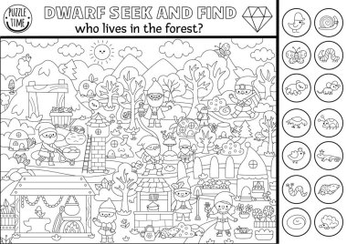 Cüce köy manzaralı siyah beyaz arama oyunu. Gizli nesneleri tespit et. Orman hayvanları olan çocuklar için basılabilir aktivite ara ve bul. Sihirli ormanlık çalışma tablosu, boyama pag