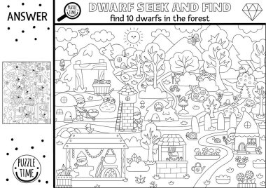 Sihirli orman manzarası ile siyah-beyaz vektör arama oyunu. Resimde gizli cüceler var. Peri masalı, fantezi yaratıcısı çocuklar için basılabilir etkinlik ya da boyama sayfası arar ve bulur