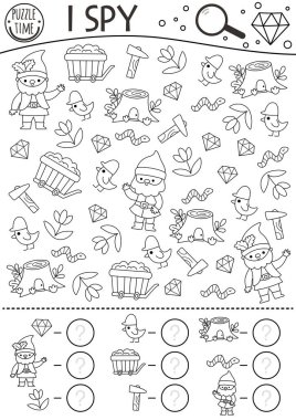 Cüce siyah beyaz. Çocuklar için casusluk oyunu. Cüce, kristal, mücevher, el arabası, ağaç ve aletle arama ve sayma faaliyetleri. Sihirli orman basılabilir çalışma kağıdı ya da boyama sayfası. Ormanlık alan bulmacası!