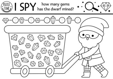 Cüce siyah beyaz. Çocuklar için casusluk oyunu. Cüce, kristal ve değerli taşlarla arama ve sayma faaliyetleri. Sihirli orman basılabilir çalışma kağıdı ya da boyama sayfası. Basit orman lekesi bulmacası!