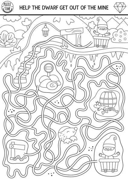 Yer altı maden arazisi ve cüceleri olan çocuklar için cüce siyah-beyaz labirent. Altın madeni mağara tüneli olan peri masalı basılabilir aktivitesi. Fantezi labirent oyunu, bulmaca, boyama pag