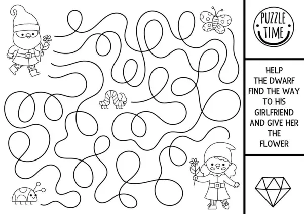 Elf, kelebek ve uğur böceği olan çocuklar için cüce siyah-beyaz labirent. Peri masalı basılabilir aktivitesi. Ormanlık labirent oyunu, bulmaca, boyama sayfası. Cücelerin kız arkadaş bulmasına yardım et ve ona flowe ver.