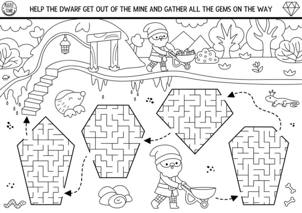 Geometrik taşları olan çocuklar için cüce siyah-beyaz labirent. Yeraltı manzaralı basılabilir aktivite, mücevherler. Sihirli labirent oyunu, bulmaca, boyama sayfası. Cücelerin kaçmasına yardım et.