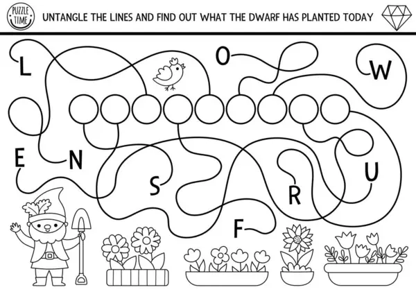Cüce bahçıvanla ABC siyah-beyaz labirent oyunu. Anaokulu öğrencileri için masal alfabesi labirenti aktivitesi. Hangi cücenin yerleştirdiğini bulmak için çizgileri takip edin. Yazdırılabilir etkinlik, çiçekle renklendirme sayfası