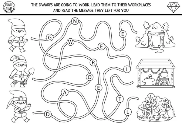 Elf madencisi, ormancısı, demircisi ve mektupları olan çocuklar için cüce siyah-beyaz labirent. Peri masalı basılabilir aktivitesi. Fantezi labirent oyunu, boyama sayfası, yapboz. Cüceleri işe götür ve mesajları oku