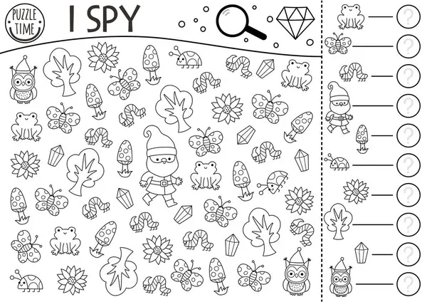 Cüce siyah beyaz. Çocuklar için casusluk oyunu. Cüce, kurbağa, kelebek, ağaç ve çiçeklerle arama ve sayma faaliyetleri. Sihirli orman basılabilir çalışma kağıdı ya da boyama sayfası. Ormanlık alan bulmacası!