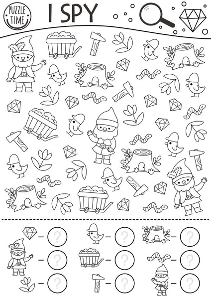 Cüce siyah beyaz. Çocuklar için casusluk oyunu. Cüce, kristal, mücevher, el arabası, ağaç ve aletle arama ve sayma faaliyetleri. Sihirli orman basılabilir çalışma kağıdı ya da boyama sayfası. Ormanlık alan bulmacası!