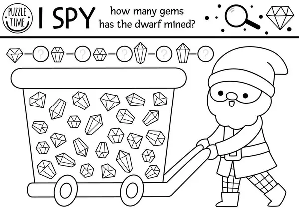Cüce siyah beyaz. Çocuklar için casusluk oyunu. Cüce, kristal ve değerli taşlarla arama ve sayma faaliyetleri. Sihirli orman basılabilir çalışma kağıdı ya da boyama sayfası. Basit orman lekesi bulmacası!