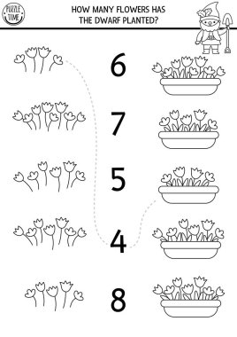 Bahçe cücesiyle siyah beyaz oyunu karşılaştır. Okul öncesi çocuklar için sihirli bahçe matematik basılabilir aktivitesi. Peri masalı eğitim sayım çizelgesi, içinde çiçekler olan boyama sayfası