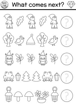 Sırada ne var? Cüce, yaprağı, ağacı, baykuşu, kurbağası olan çocuklar için cüce, siyah ve beyaz aktivitesi. Sihirli orman mantık ardılı çalışma tablosu. Orman peri masalı devam ediyor sıra oyunu, boyama pag