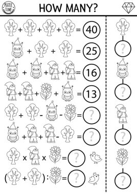Cüce denklemi siyah beyaz oyun ya da geri dönüş. Sihirli orman ya da ormanlık matematik aktivitesi. Cüce, baykuş, güneş kremi kullanan çocuklar için basit yazdırılabilir çalışma kağıdı ya da boyama sayfası