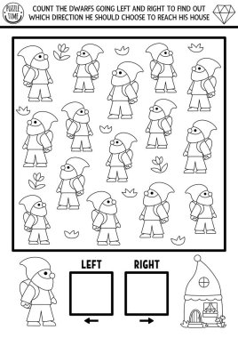 Çocuklar için sağ ve sol kavramlı cüce mantık oyunu. Gnome 'un ev arayışıyla ilgili faaliyetleri sayarak siyah-beyaz araştırıyorum. Sihirli orman yazdırılabilir uzay yönelimli Pag