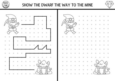 Cüce çizimi, yazı, iz sürme, cüce madencisi olan çocuklar için uzay yönlendirme aktivitesi dağda çalışacak. Örneklere göre çizgi çiz. Siyah ve beyaz yazdırılabilir oyun, renklendirici pag