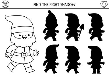 Gölge aktivitesi cüceyle eşleşiyor. Peri masalı, cüceli siyah beyaz bulmaca. Doğru siluet yazdırılabilir çalışma tablosu bul, oyun. Çocuk için sihirli orman boyama sayfası