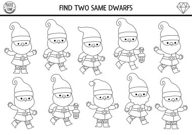 Aynı cücelerden iki tane bul. Çocuklar için peri masalı siyah beyaz eşleştirme aktivitesi. İlgi çekmek için sihirli bahçe ya da orman bilgi yarışması ödevi. Yazdırılabilir oyun, sevimli cüce ile renklendirme sayfası