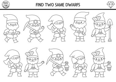 Aynı cücelerden iki tane bul. Çocuklar için peri masalı siyah beyaz eşleştirme aktivitesi. İlgi çekmek için sihirli bahçe ya da orman bilgi yarışması ödevi. Yazdırılabilir oyun, farklı cüce ile renklendirme sayfası