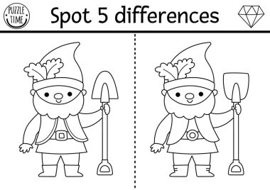 Çocuklar için farklılık oyunu bul. Cücelerle cüce eğitimi aktivitesi. Çocuklar için sihirli orman siyah ve beyaz bulmaca. Peri masalı yazdırılabilir çalışma tablosu, fantezi yaratıcısı ile boyama sayfası