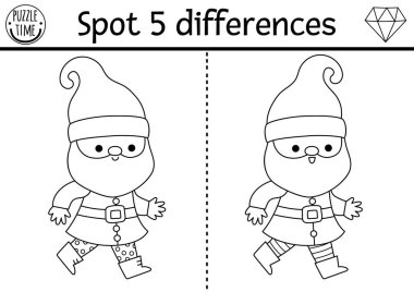 Çocuklar için farklılık oyunu bul. Kırmızı şapkalı sevimli cüceyle cüce eğitim aktivitesi. Çocuklar için sihirli orman siyah ve beyaz bulmaca. Peri masalı yazdırılabilir çalışma tablosu, boyama bezi