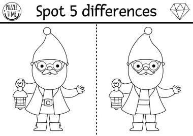 Farklılık oyunu bul. Fenerli şirin cücelerle cüce eğitim aktivitesi. Çocuklar için sihirli orman siyah ve beyaz bulmaca. Peri masalı yazdırılabilir çalışma tablosu, fantezi yaratıcısı ile boyama sayfası