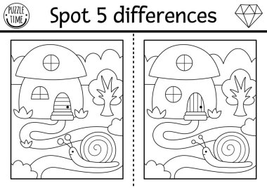 Çocuklar için farklılık oyunu bul. Mantar, salyangoz şeklinde bir evi olan cüce eğitim aktivitesi. Çocuklar için sihirli orman siyah ve beyaz bulmaca. Peri masalı yazdırılabilir çalışma tablosu, boyama bezi
