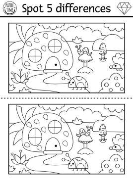 Çocuklar için farklılık oyunu bul. Çilek şeklinde bir evi olan cüce aktivitesi, uğur böceği. Çocuklar için sihirli orman siyah ve beyaz bulmaca. Peri masalı yazdırılabilir çalışma tablosu, boyama bezi