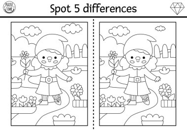 Çocuklar için farklılık oyunu bul. Şirin bahçe cücesi kızla cüce siyah beyaz aktiviteler. Çocuklar için sihirli orman bulmacası. Peri masalı yazdırılabilir çalışma tablosu, odun taramalı boyama sayfası