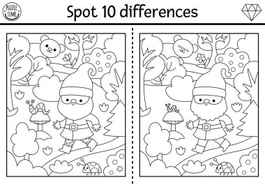 Çocuklar için farklılık oyunu bul. Ormanda sevimli cücelerle yapılan cüce aktiviteleri. Çocuklar için sihirli orman siyah ve beyaz bulmaca. Peri masalı yazdırılabilir çalışma tablosu, odun taramalı boyama sayfası