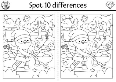 Çocuklar için farklılık oyunu bul. Cüce madencili cüce aktivitesi, el arabası. Çocuklar için sihirli orman siyah ve beyaz bulmaca. Peri masalı yazdırılabilir çalışma tablosu, odun taramalı boyama sayfası