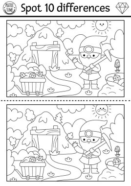 Çocuklar için farklılık oyunu bul. Şirin bir cüce madenci ile cüce siyah beyaz aktivitesi. Çocuklar için sihirli orman bulmacası. Peri masalı yazdırılabilir çalışma tablosu, odun taramalı boyama sayfası