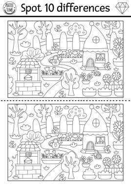 Çocuklar için farklılık oyunu bul. Şirin bahçe cüceleri olan cüce siyah beyaz aktiviteler. Çocuklar için sihirli orman bulmacası. Peri masalı yazdırılabilir çalışma tablosu, odun taramalı boyama sayfası