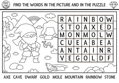 Çocuklar için vektör cüce kelime bulmacası. Cüce, altın, köstebek, balta ve gökkuşağı ile siyah beyaz kelime arama sınavı. Eğitimsel çapraz kelime etkinliği, sihirli yaratıkla boyama sayfası, orman taraması.