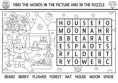 Çocuklar için vektör cüce kelime bulmacası. Cüce, çiçek, ev, ay ile ilgili siyah beyaz kelime arama sınavı. Eğitimsel çapraz sözcük aktivitesi, sihirli yaratıkla boyama sayfası, gece bahçesi manzarası.