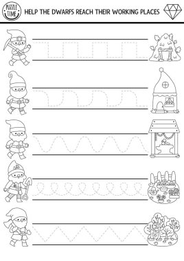 Ev ve iş yerlerine cücelerin gittiği vektör el yazısı alıştırmaları. Cüceleri olan çocuklar için basılabilir siyah beyaz aktiviteler. Sihirli orman izleme oyunu, boyama pag