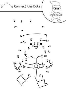 Vektör cüce nokta nokta ve renk aktivitesi. Fantezi ormanı çocuklar için şirin yürüyen cücelerle noktaları birleştirir. Çocuklar için sihirli orman boyama sayfası. Peri masalı yaratıcısı olan yazdırılabilir çalışma tablosu