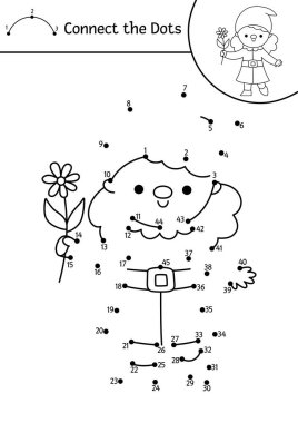 Vektör cüce nokta nokta ve renk aktivitesi. Fantezi ormanı noktaları sevimli cüce kızla ya da peri çiçekle birleştirir. Çocuklar için sihirli orman boyama sayfası. Peri masalı yaratıcısı olan yazdırılabilir çalışma tablosu