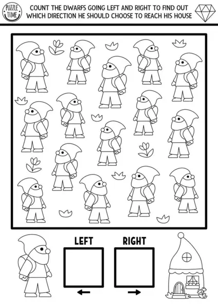 Çocuklar için sağ ve sol kavramlı cüce mantık oyunu. Gnome 'un ev arayışıyla ilgili faaliyetleri sayarak siyah-beyaz araştırıyorum. Sihirli orman yazdırılabilir uzay yönelimli Pag