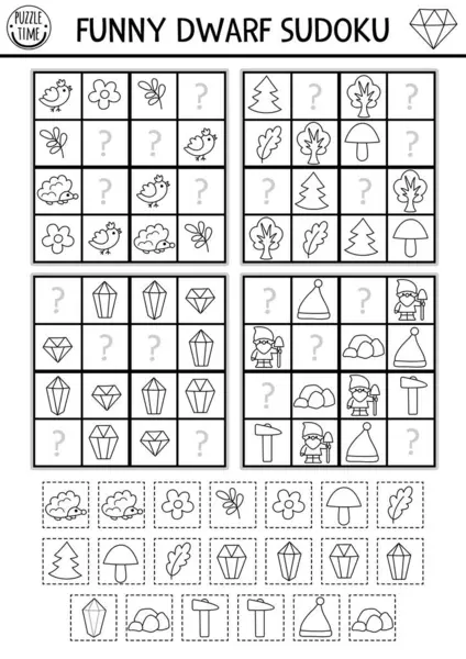 Resimli çocuklar için vektör cüce sudoku bulmacası. Kesik ve yapıştırıcı elementli siyah ve beyaz orman fantezi sınavı. Eğitim aktivitesi ya da cüce elementlerle renklendirme sayfası. Eksik nesneyi çiz