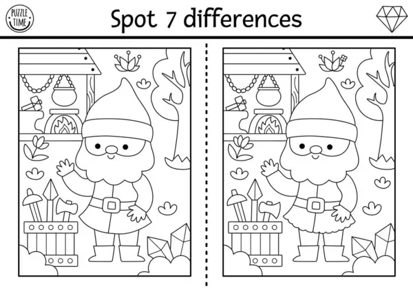 Çocuklar için farklılık oyunu bul. Cüce demircisiyle cüce eğitim aktivitesi. Çocuklar için sihirli orman siyah ve beyaz bulmaca. Peri masalı çalışma tablosu, odun taramalı boyama sayfası