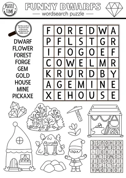 Çocuklar için vektör cüce kelime bulmacası. Cüce, orman, maden, ev, mücevher ile siyah beyaz kelime yarışması. Ormanların eğitimsel çapraz kelime aktivitesi, sihirli yaratıkla boyama sayfası