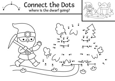 Noktadan noktaya vektör ve cücenin benimkine gittiği renk aktivitesi. Fantezi ormanı noktaları birleştirir. Sihirli orman boyama sayfası ya da çocuklar için basılabilir çalışma tablosu. Cüce nereye gidiyor?