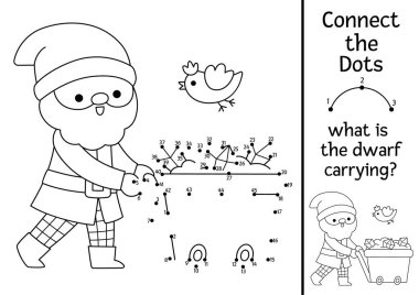 Noktadan noktaya vektör ve hazine arabalı cüceyle renk aktivitesi. Fantezi ormanı noktaları birleştirir. Sihirli orman boyama sayfası, çocuklar için basılabilir çalışma tablosu. Cüce ne taşıyor?