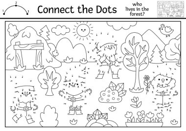 Noktadan noktaya vektör ve orman sahnesiyle renk aktivitesi. Cüceler, benim, mücevherler. Noktalar oyununu orman manzarasıyla birleştirin, cüceler. Çocuklar için basılabilir boyama sayfası. Ormanda yaşayan