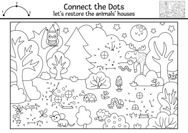 Böceklerin ve evlerinin olduğu gece ormanı sahnesiyle nokta nokta ve renk aktiviteleri. Noktalar oyununu orman manzarasıyla birleştir. Çocuklar için basılabilir boyama sayfası. Hayvanı geri yükle
